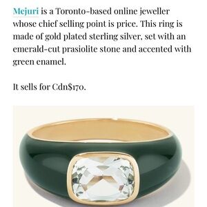 Mejuri Gold Ring with Deep Green Enamel and emerald cut Prasiolite stone